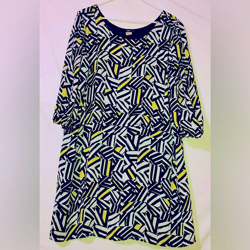 Ing Brand Geometric Pattern Dress Women’s Plus Size 2X  LS Bohemian Made in USA